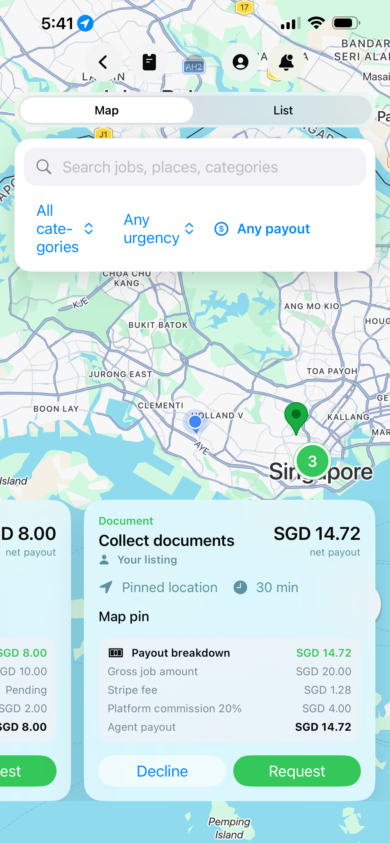 HumanGo map showing nearby paid jobs